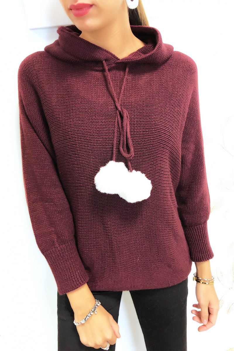 Mooie kaki sweater met capuchon en pomponkant Mooie kaki sweater met capuchon en pomponkant