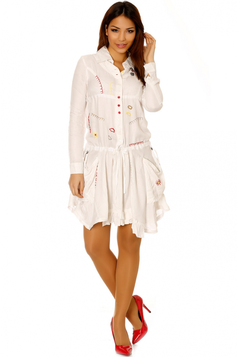 Beige buttoned tunic dress with embroidery. Low price women's clothing 921 - 2