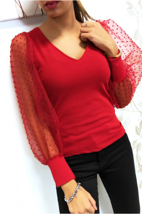 Joli top rouge col V manche en voile bouffante - 1