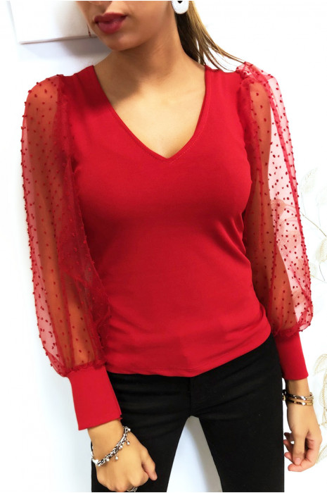 Joli top rouge col V manche en voile bouffante - 2