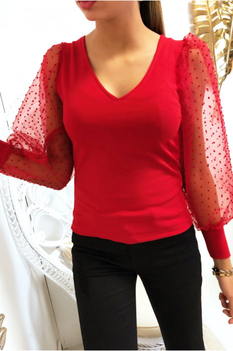 Joli top rouge col V manche en voile bouffante - 3