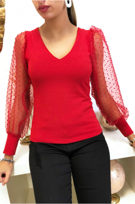 Joli top rouge col V manche en voile bouffante - 4