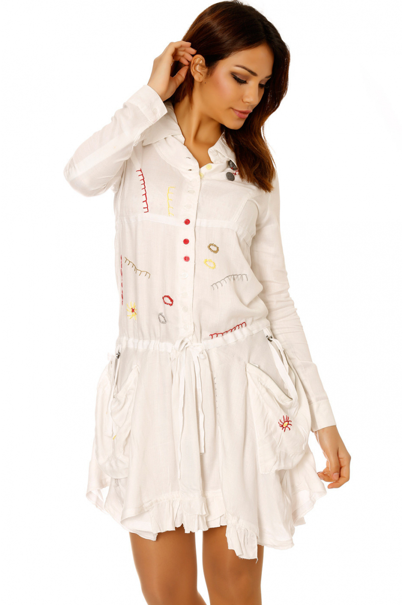 Beige buttoned tunic dress with embroidery. Low price women's clothing 921 - 4