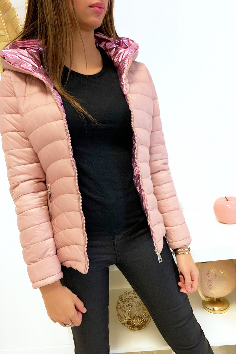 Magnifique doudoune rose avec poches et capuche doré à l'intérieure - 2