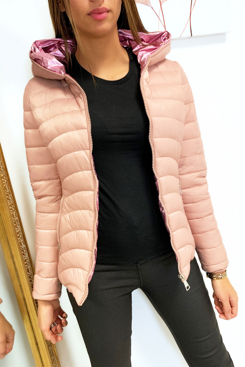 Magnifique doudoune rose avec poches et capuche doré à l'intérieure - 5