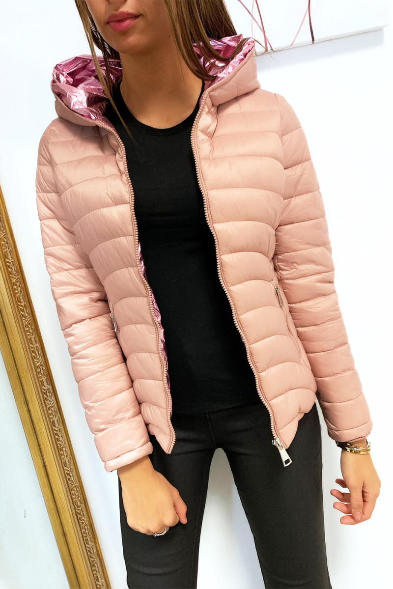 Magnifique doudoune rose avec poches et capuche doré à l'intérieure - 6