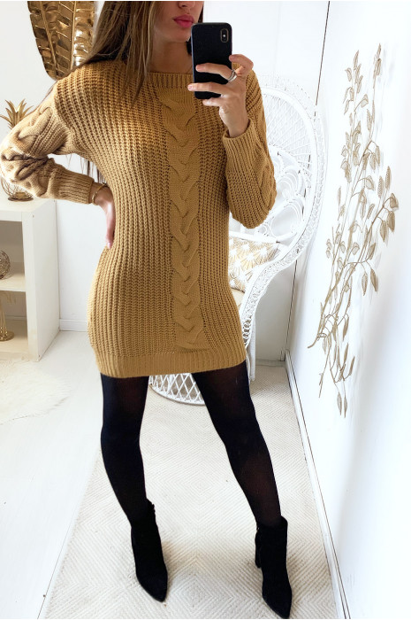 Robe pull camel tressé devant et aux manches - 2
