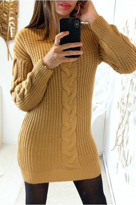Robe pull camel tressé devant et aux manches - 4