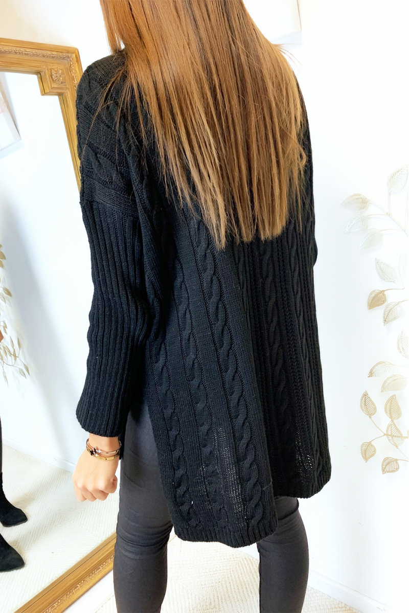 Pretty loose turtleneck sweater in black with pretty braid and slits on the sides - 3