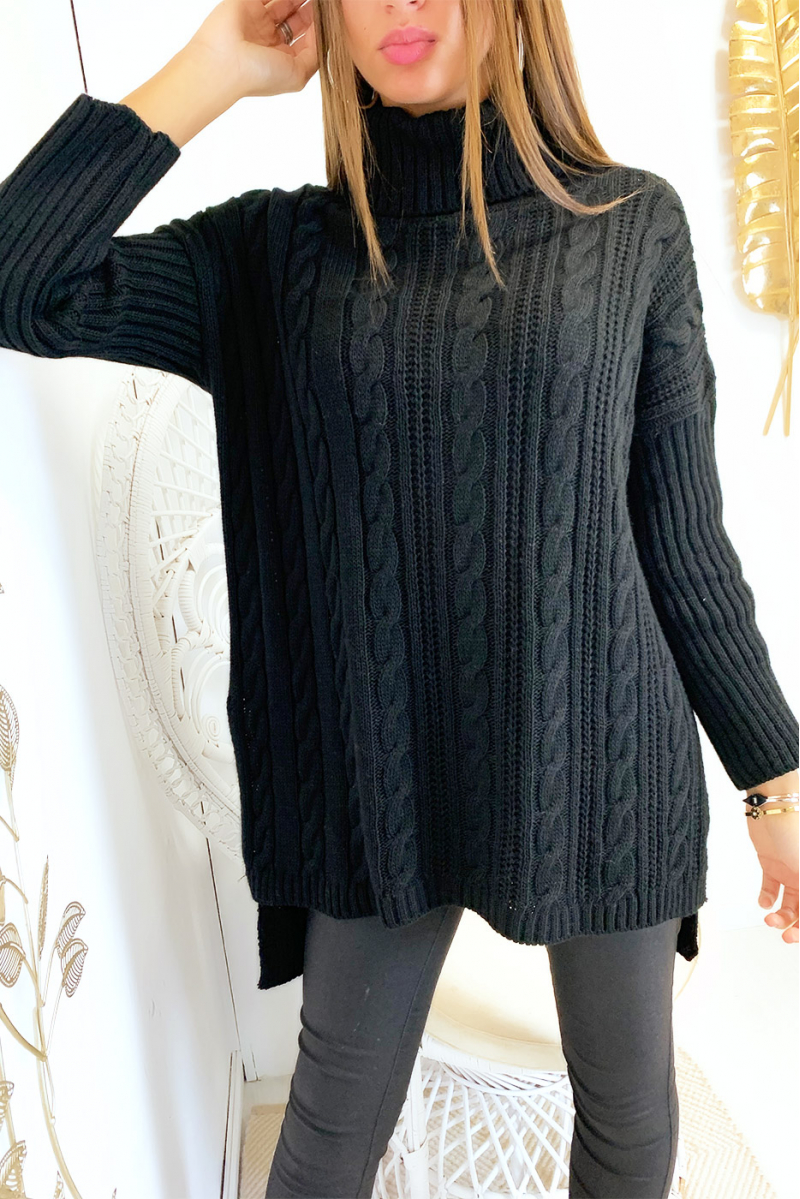 Pretty loose turtleneck sweater in black with pretty braid and slits on the sides - 5