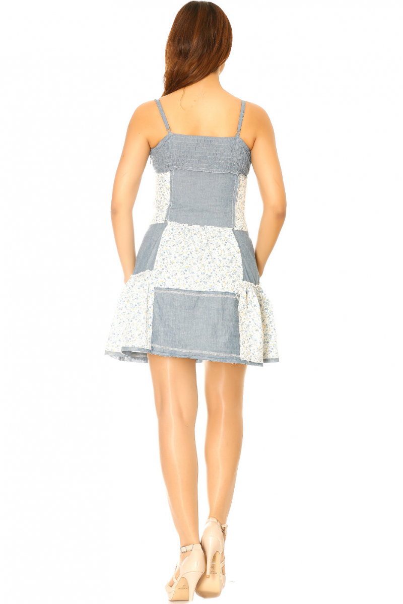 Denim dress with ruffle with piece of flower pattern. Fashion and sexy dress - 3