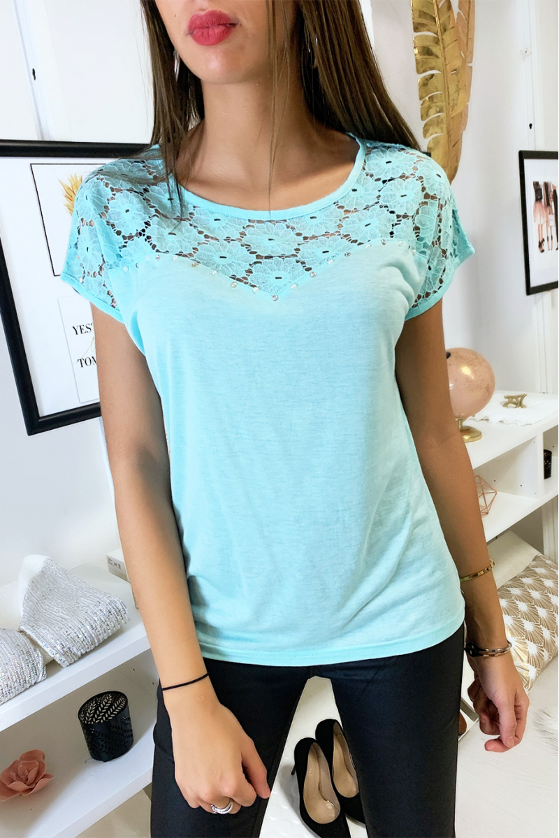 Pretty little blue top with lace at the bust and rhinestones - 1