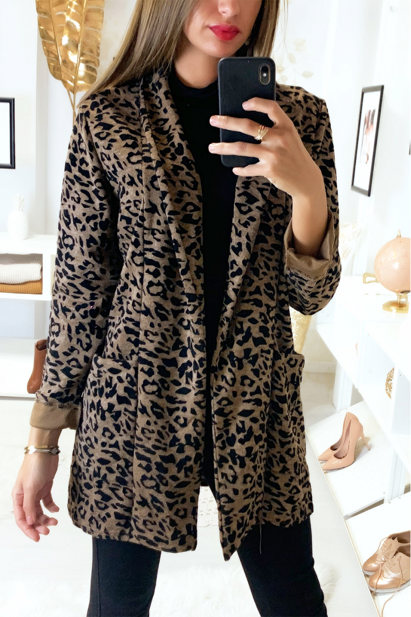 Veste blazer marron motif léopard avec col revers et poches - 4