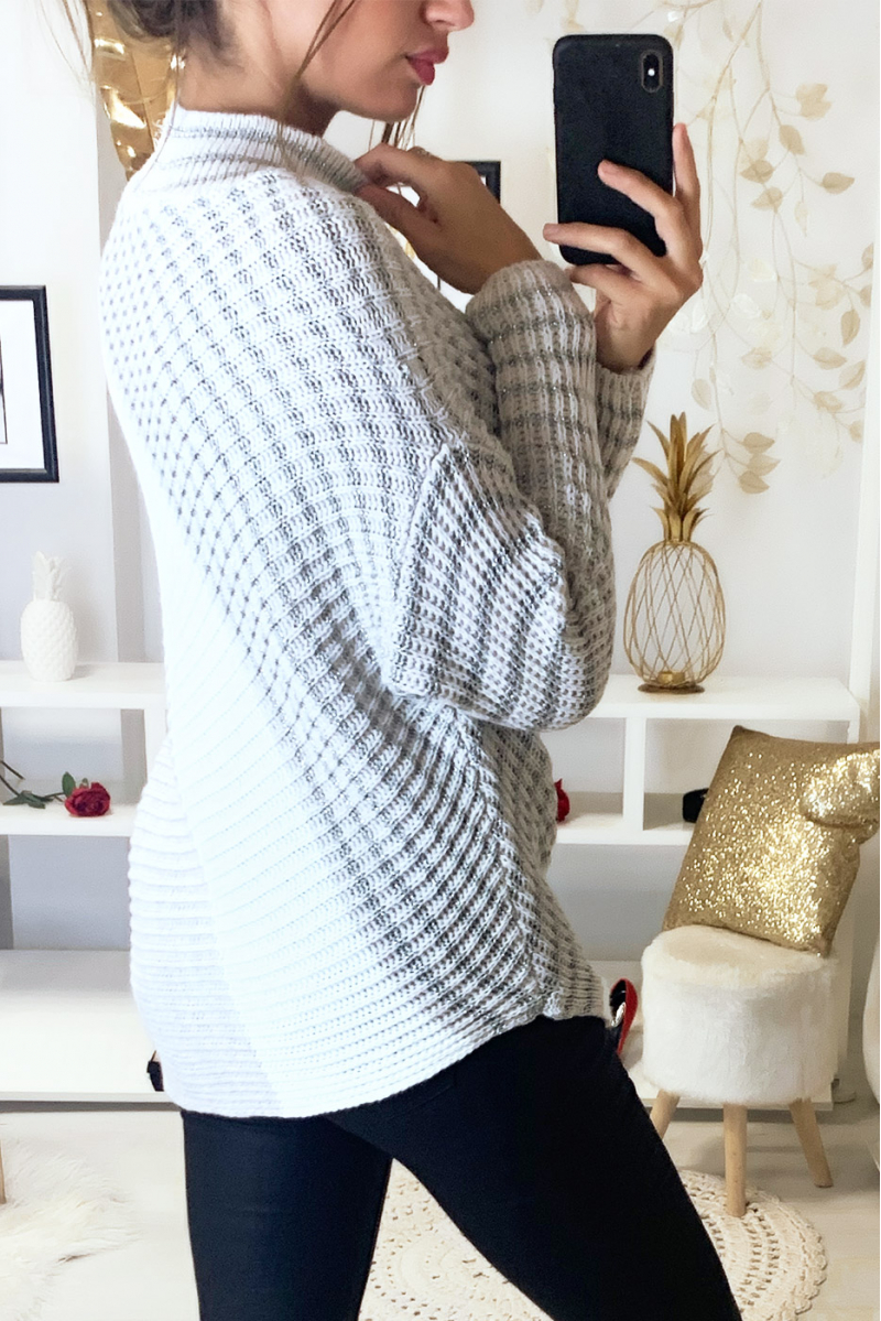 Magnifique pull trapèze à bande beige blanc et argenté - 1