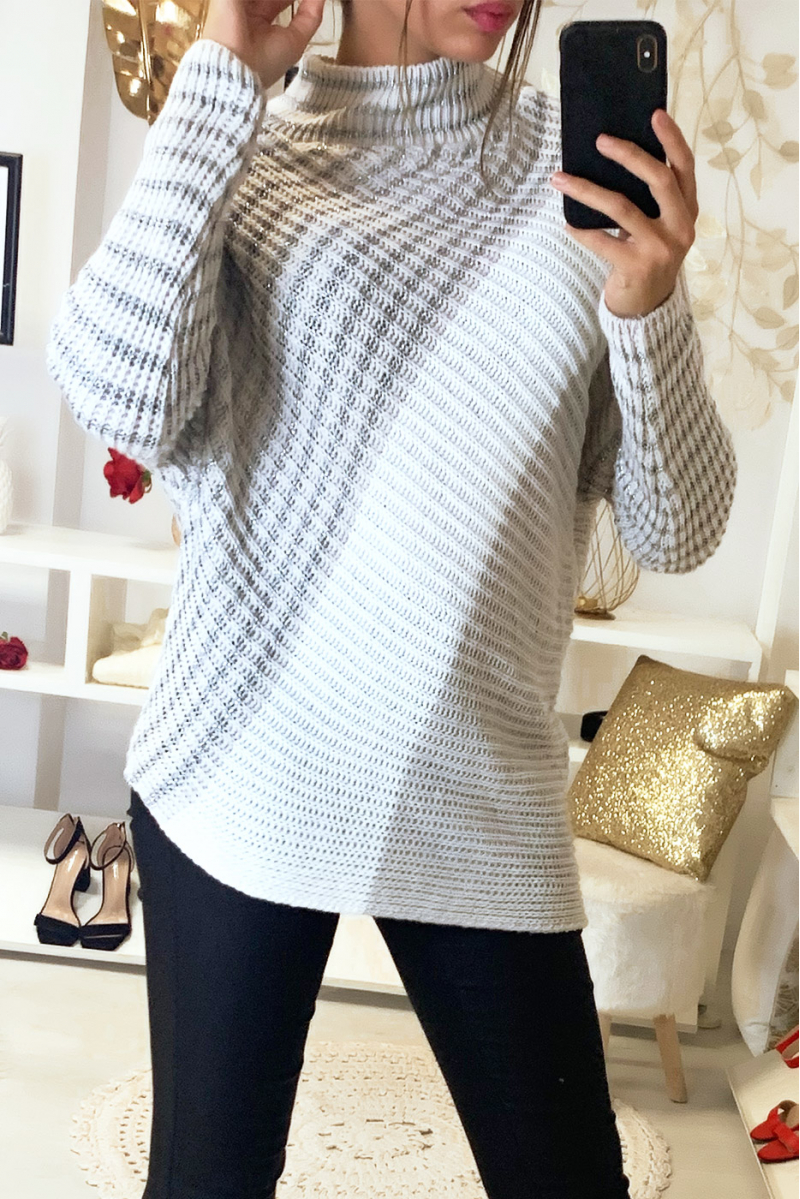 Magnifique pull trapèze à bande beige blanc et argenté - 3
