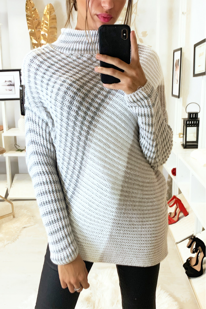 Magnifique pull trapèze à bande beige blanc et argenté - 4