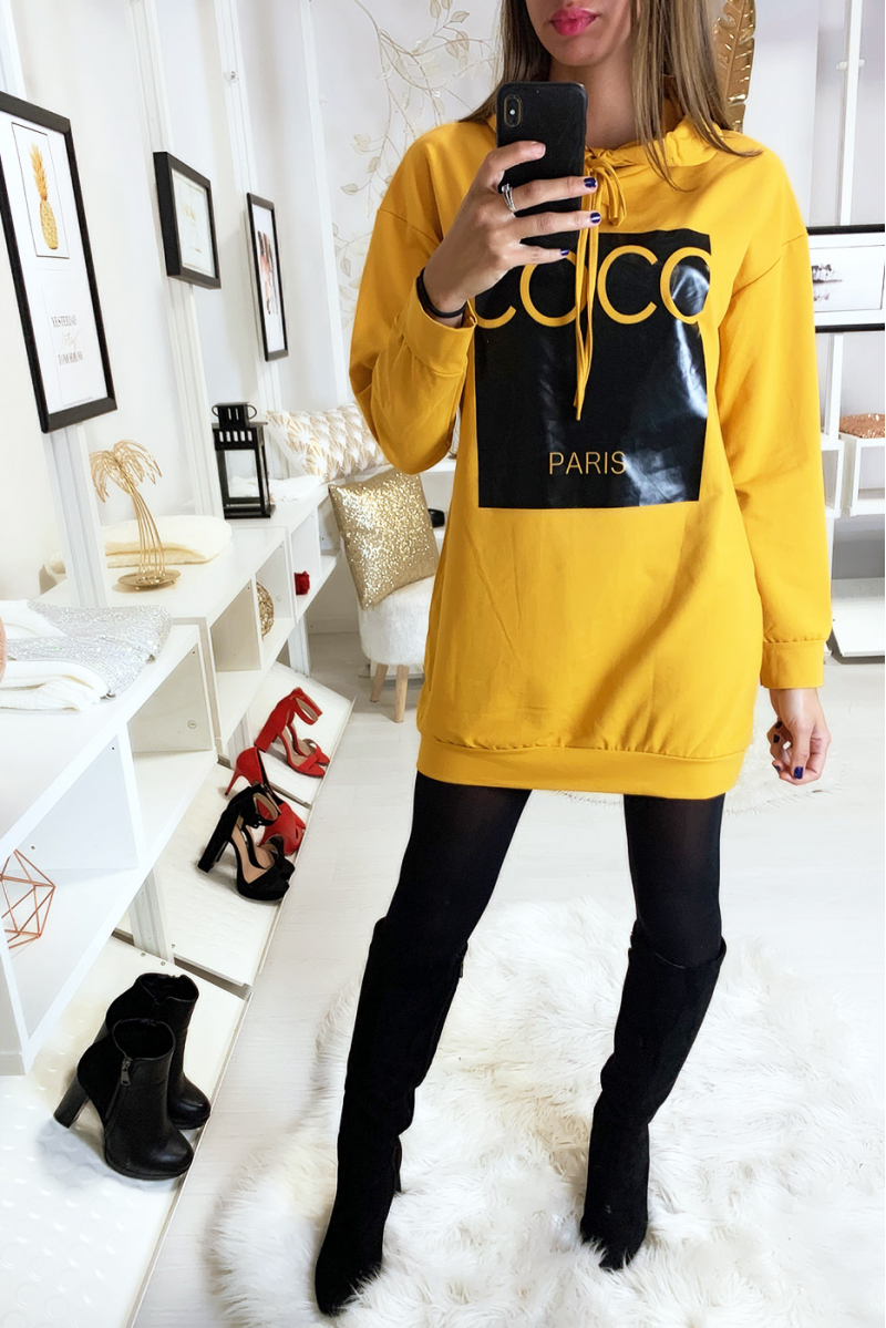 Mustard hoodie with coconut writing on shiny background - 2