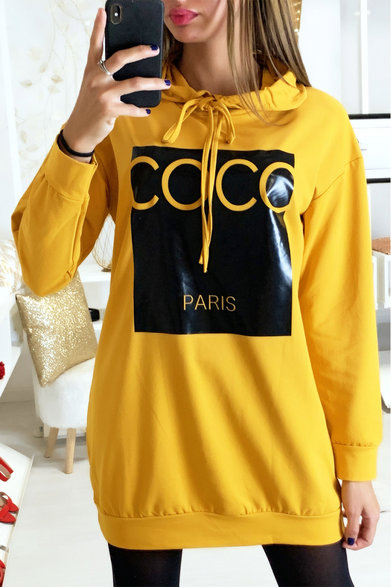 Mustard hoodie with coconut writing on shiny background - 4