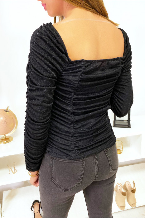 Joli top brillant en noir froncé partout - 2