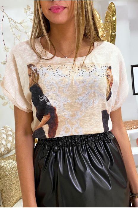 Top Rose manche courte à imprimé femme. - 2