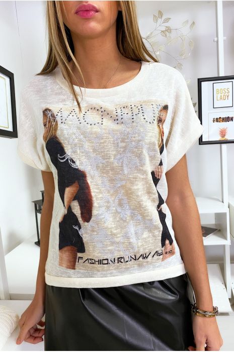 Top Beige manche courte à imprimé femme. - 4