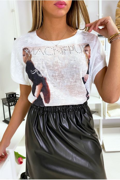 Top Blanc manche courte à imprimé femme. - 3