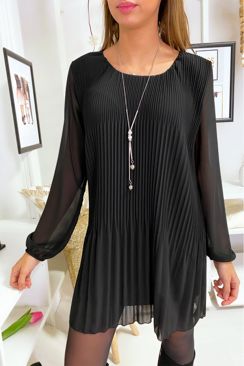 Loose and pleated black tunic dress with necklace - 1