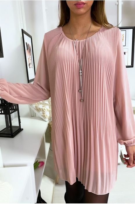 Robe tunique rose ample et plissé avec collier - 2