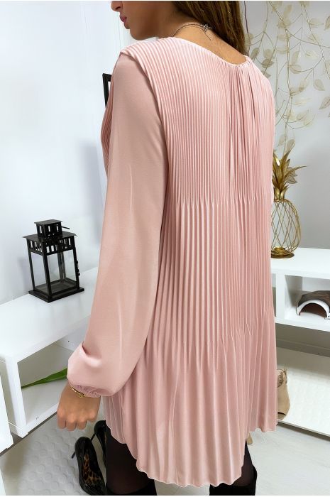 Robe tunique rose ample et plissé avec collier - 4