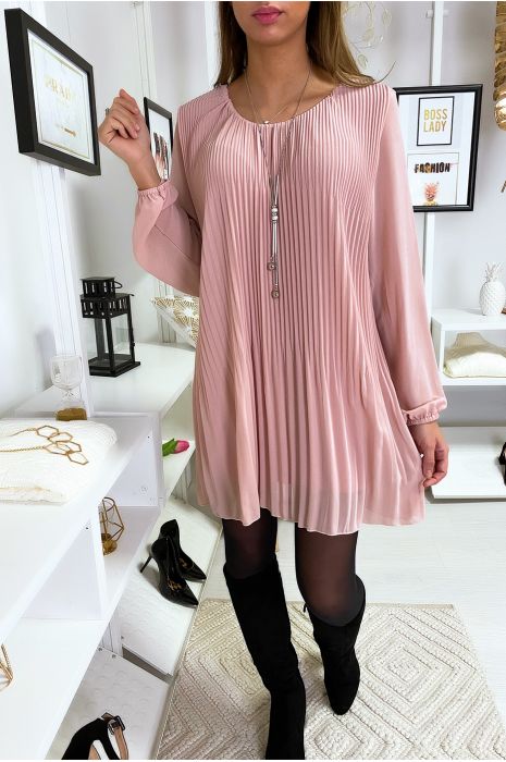 Robe tunique rose ample et plissé avec collier - 3