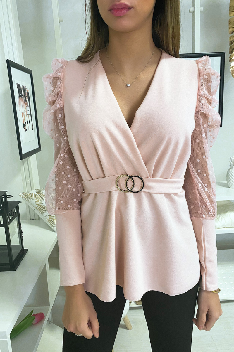 Crossover top in pink with buckle and puffed sleeves - 1