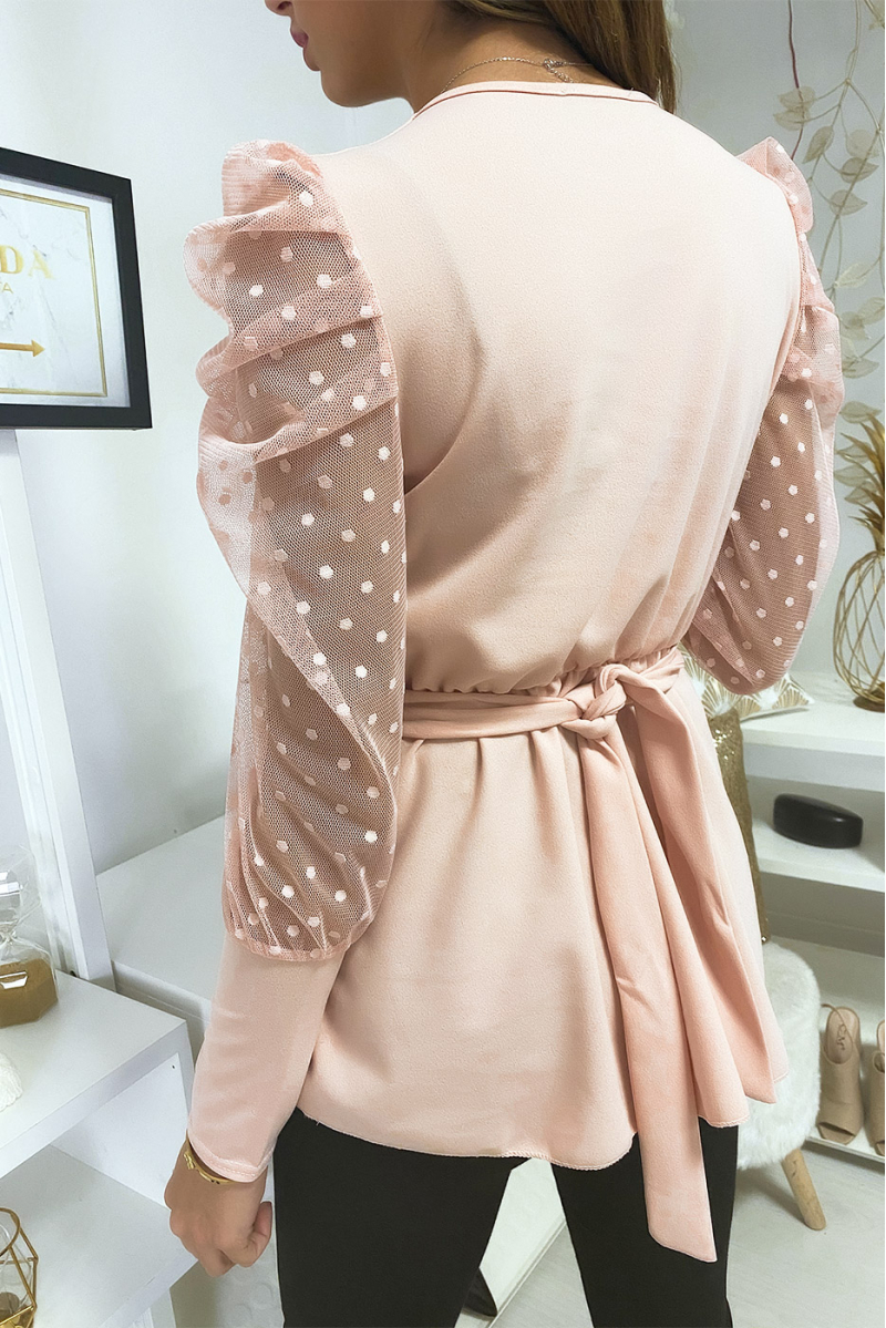 Crossover top in pink with buckle and puffed sleeves - 3