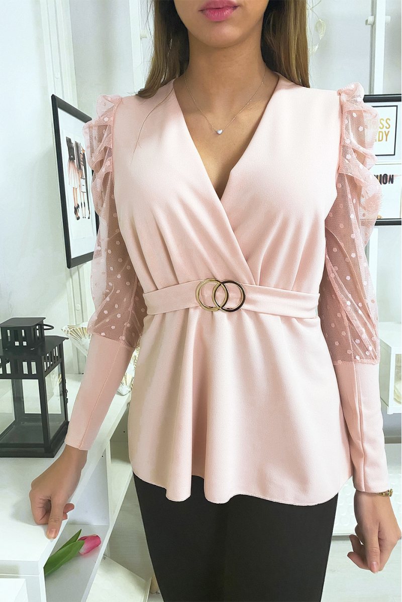 Crossover top in pink with buckle and puffed sleeves - 2