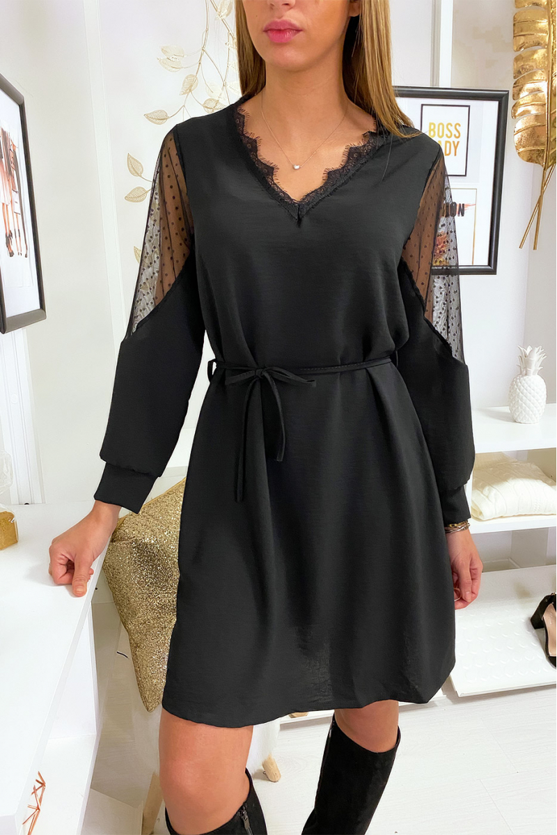 Loose tunic dress in black with lace at the collar and shoulders - 2