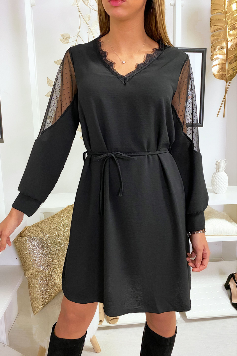 Loose tunic dress in black with lace at the collar and shoulders - 1