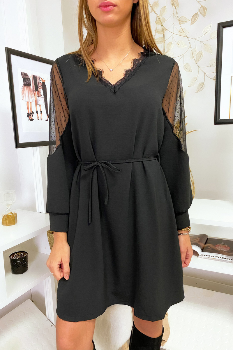 Loose tunic dress in black with lace at the collar and shoulders - 5