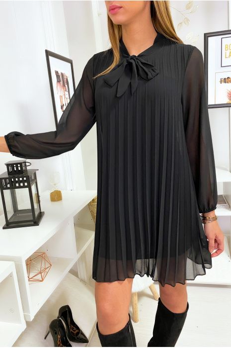 Robe tunique noir plissé et doublé avec noeud au col - 6