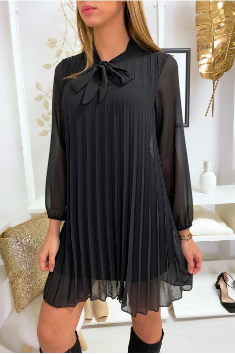 Robe tunique noir plissé et doublé avec noeud au col - 3