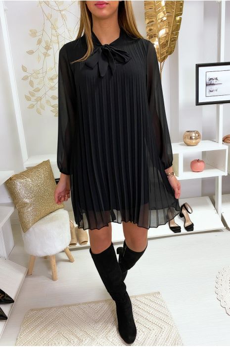Robe tunique noir plissé et doublé avec noeud au col - 4
