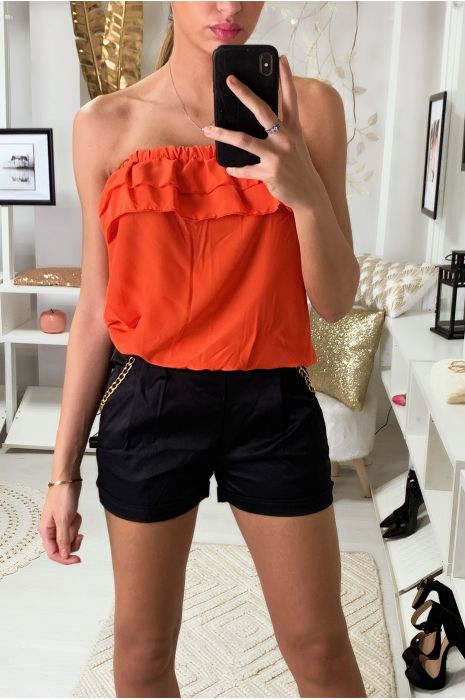 Combi-short Orange bi matière, haut bustier et bas à chaine aux poches. - 1