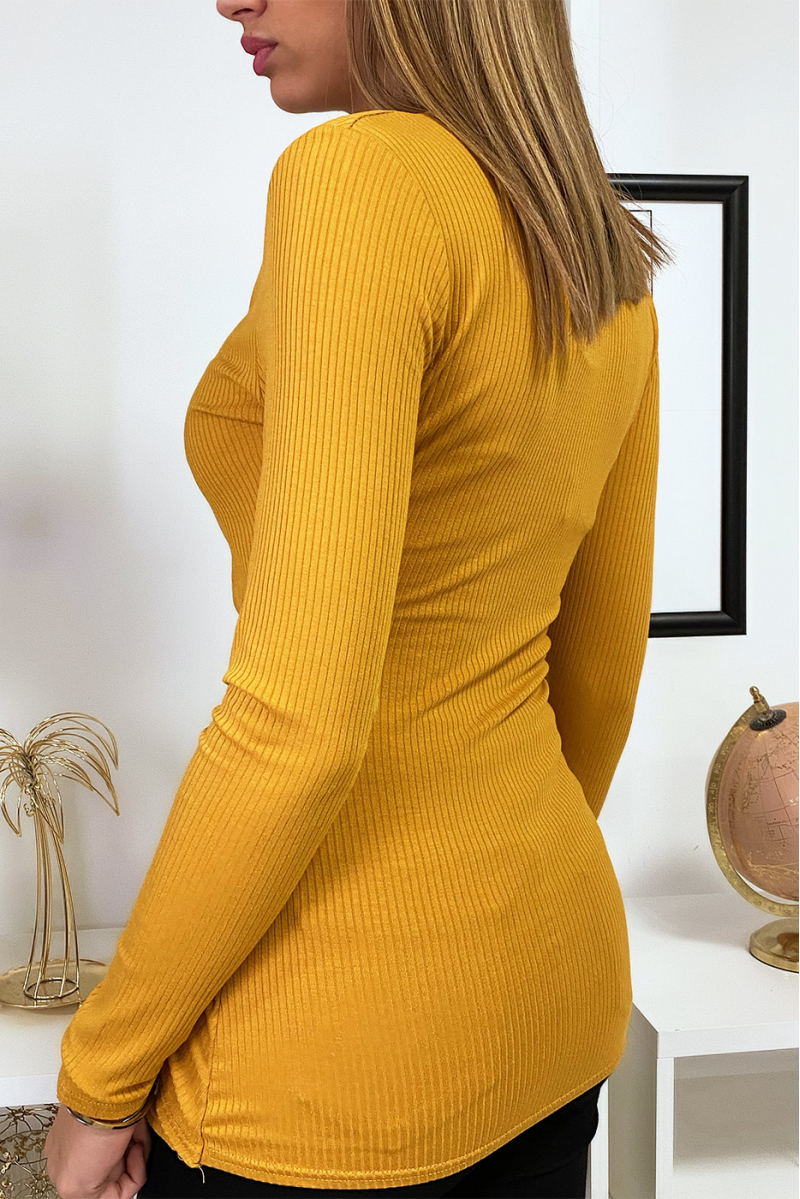 Mustard ribbed top with heart wrap and pleats. - 2