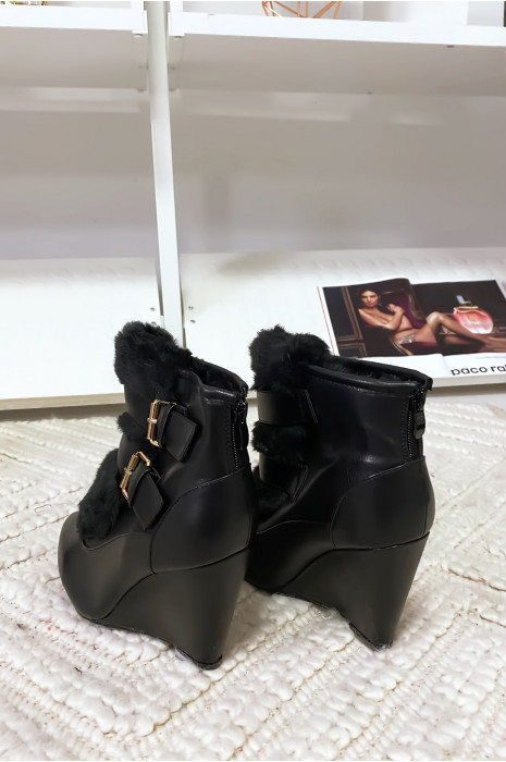 Bottine noir avec fourrure synthétique et deux attaches - 1