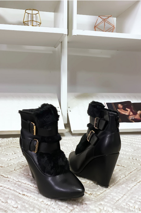 Bottine noir avec fourrure synthétique et deux attaches - 3