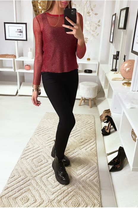 Bordeauxrode top in transparant en goudpost - 7