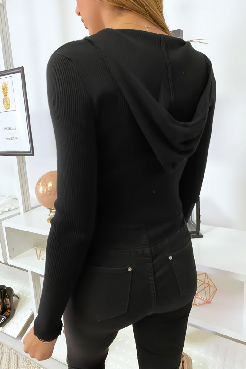 Bijgesneden zwarte geribbelde sweater met capuchon - 4