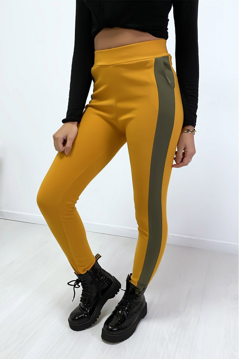 Jogging moutarde avec bande kaki et poche - 2