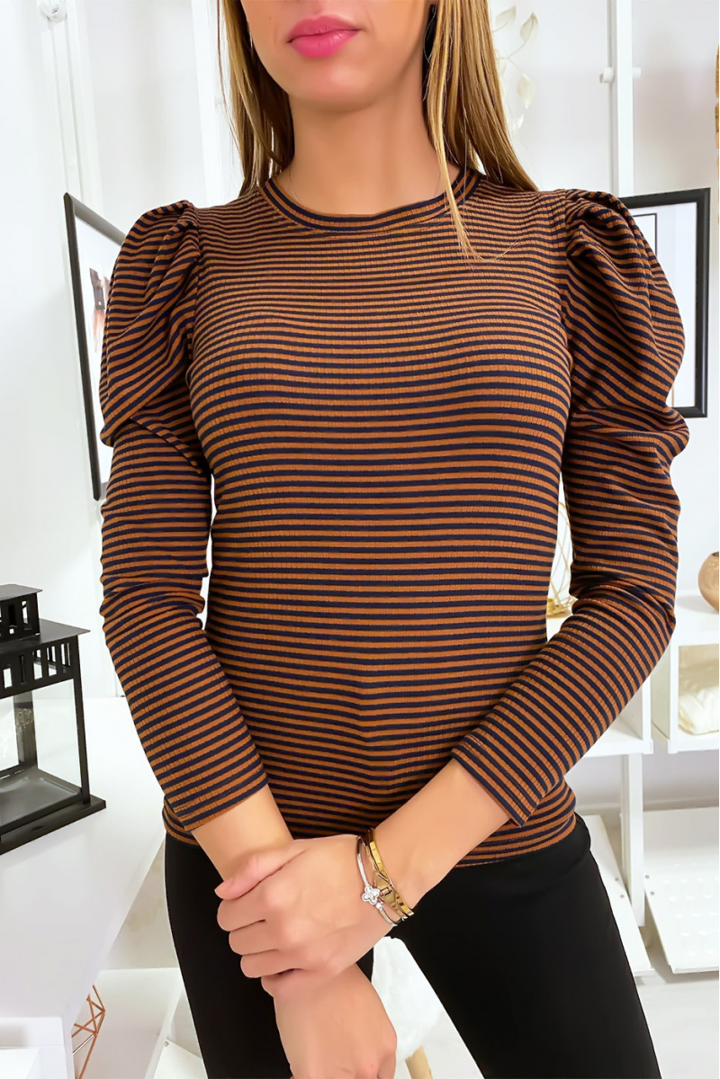 Brown and black striped top for women with puff sleeves - 2