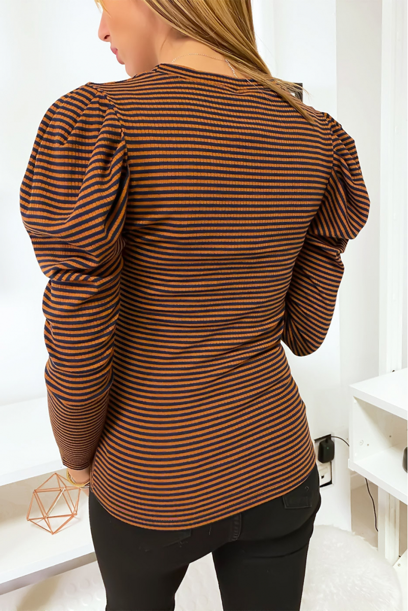 Brown and black striped top for women with puff sleeves - 4