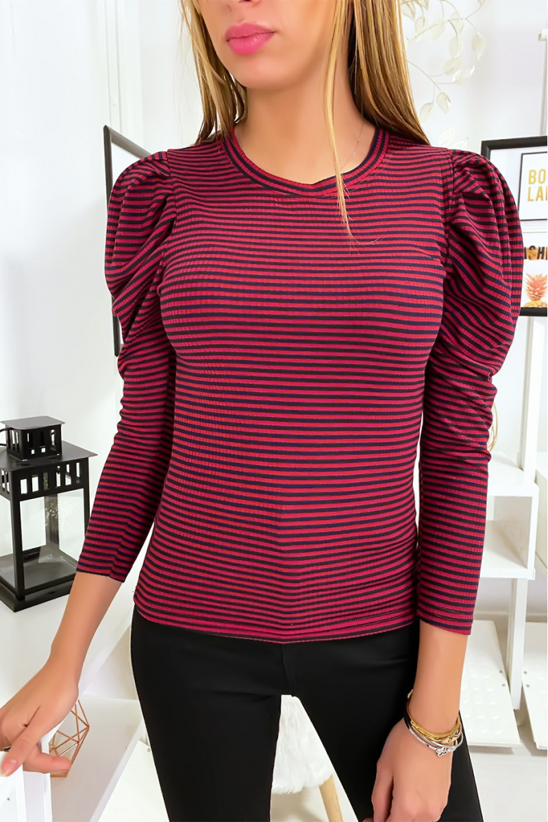 Burgundy and black striped top for women with puff sleeves - 3
