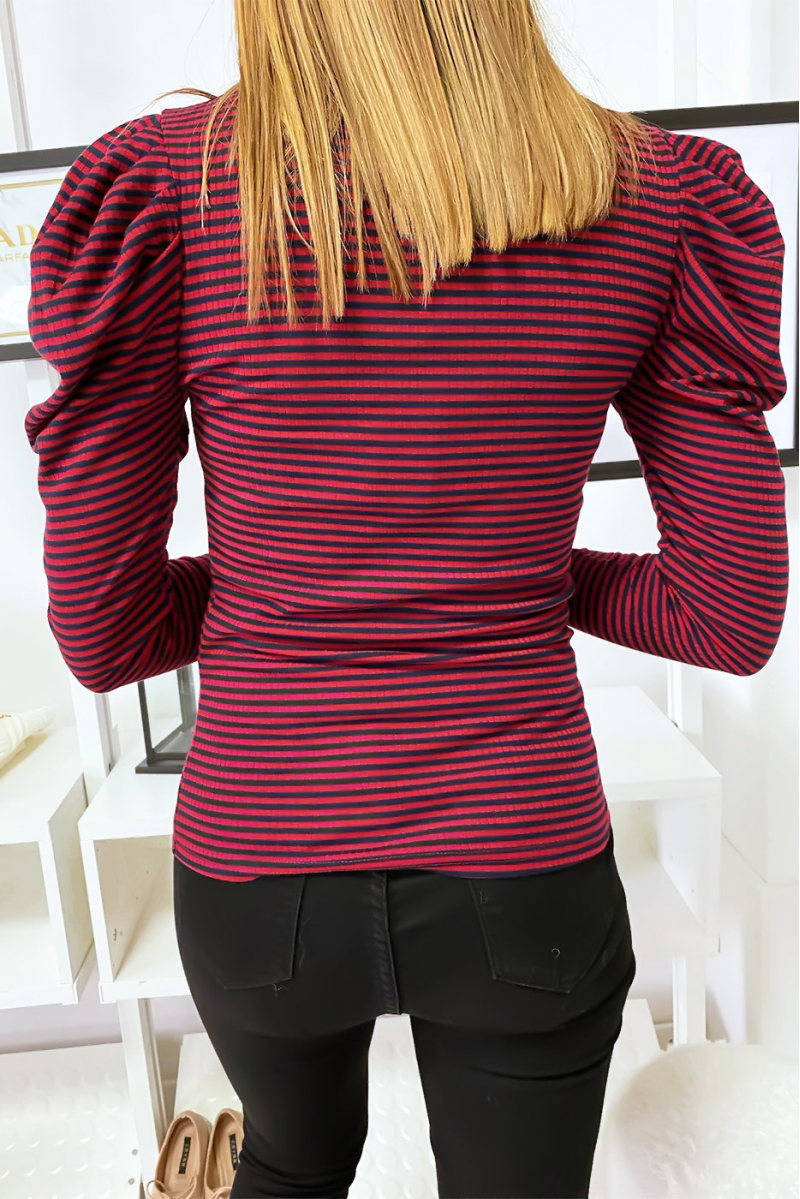 Burgundy and black striped top for women with puff sleeves - 5